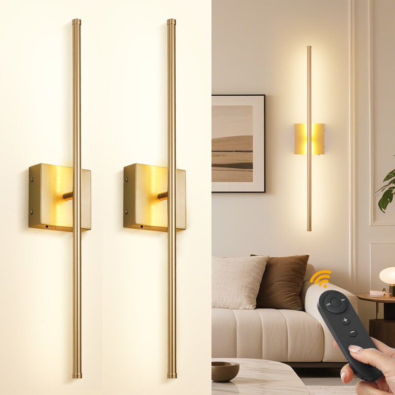 28 Inch Battery Operated Wall Sconces with Remote Control, 3000K Warm White/  Dimmable/ 350° Rotating, 2-Pack, 28 inch, Gold