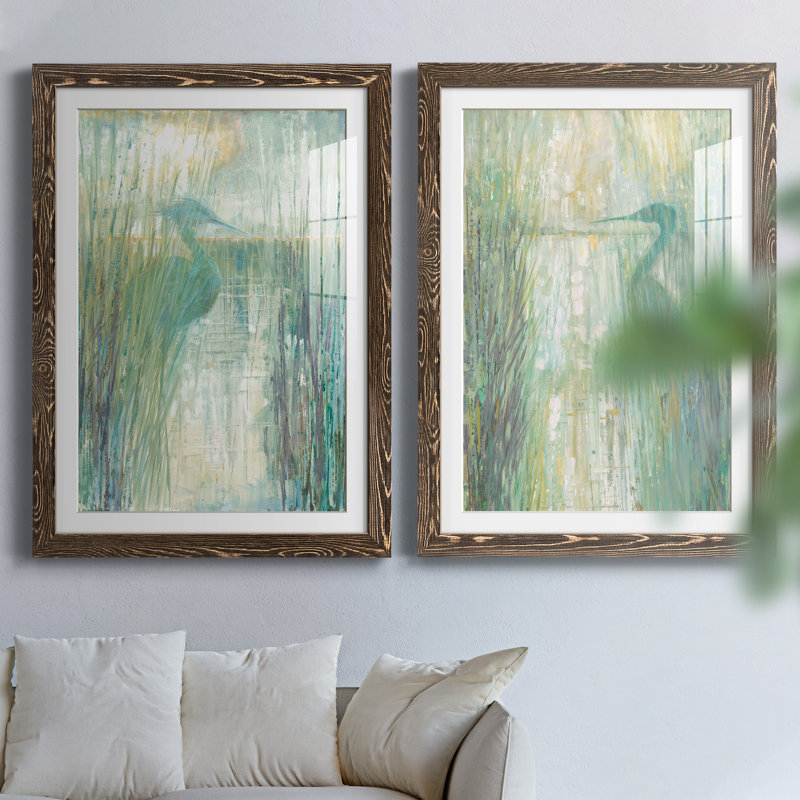 Morning Egret I - ensemble de 2 reproductions d'art, H 37,5 po x l 55 po x P 1,5 po, Papier, cadre noyer