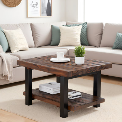 Pomona 27" Square Solid Wood Coffee Table with Metal Legs, Natural