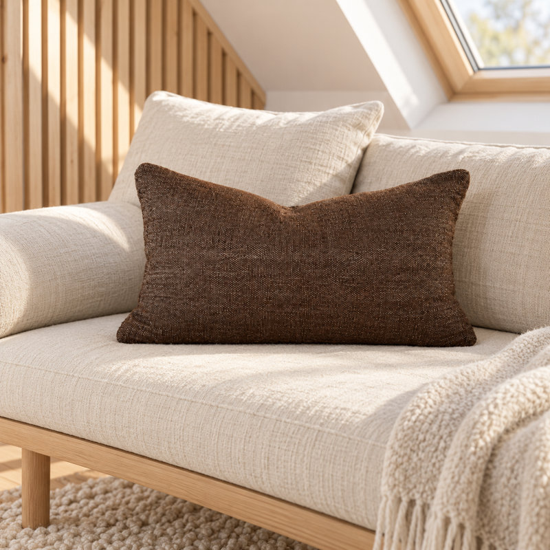 Housse de coussin décorative en coton et lin tissée à la main, couleur chocolat, Rectangle H 12 po x l 18 po