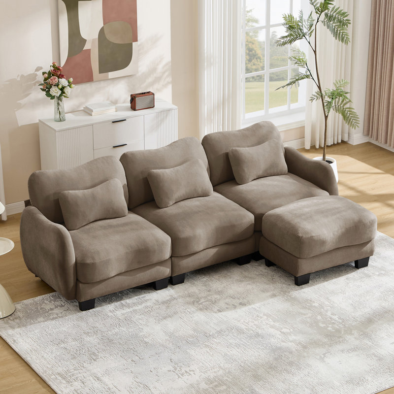 Canapé en L Chenille avec 1 repose-pieds mobile, canapé modulaire surdimensionné à 3 places avec 3 coussins de taille exquise, conception ergonomique, canapé modulaire facile à assembler pour le bureau du salon, café