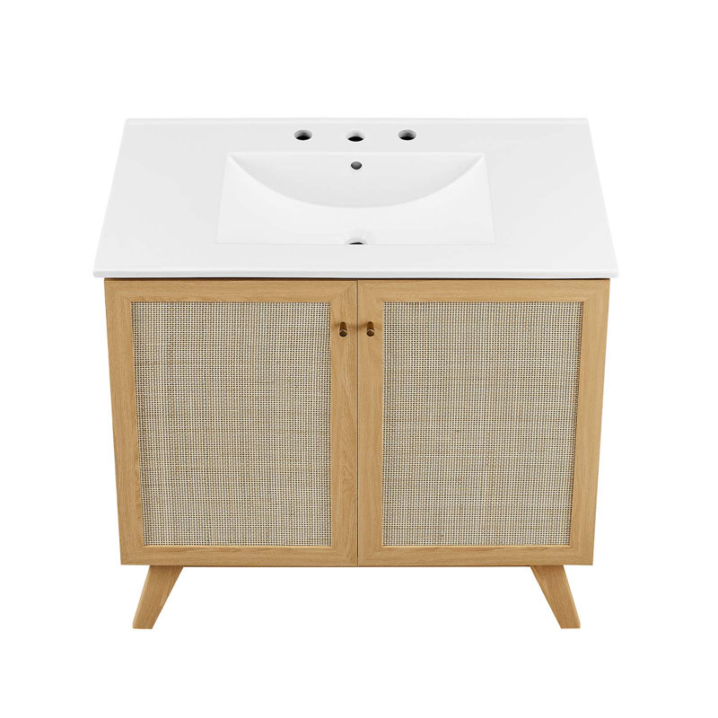 Soma 36'' Oak and White Freestanding Bathroom Vanity with Rattan Doors