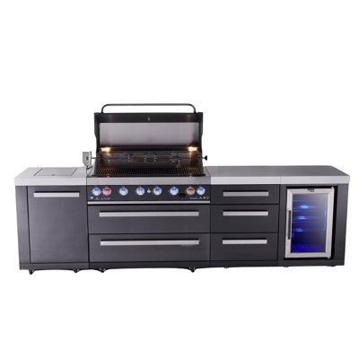 Mont Alpi Mai805-bssfcdr 6-burner 119" Premium Black Stainless Steel Outdoor Kitchen Island Bbq Gas Grill With Infrared Side Burner + Refrigerator + Storage Drawers & Cabinets + Rotisserie Kit + Cover
