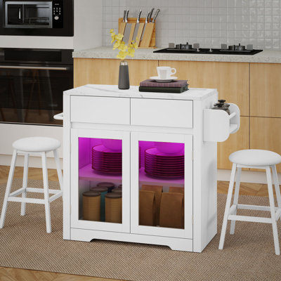 3 Pieces Kitchen Island Set With Storage Cabinet, Drawers, Power Outlets & 2 Stools by Ebern Designs