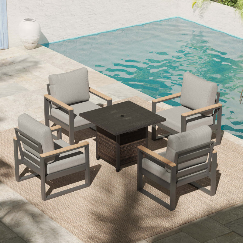 Aluminum 4-person Outdoor Sofa Seating With Fire Pit Table – Weather-resistant Olefin Cushions , Gray