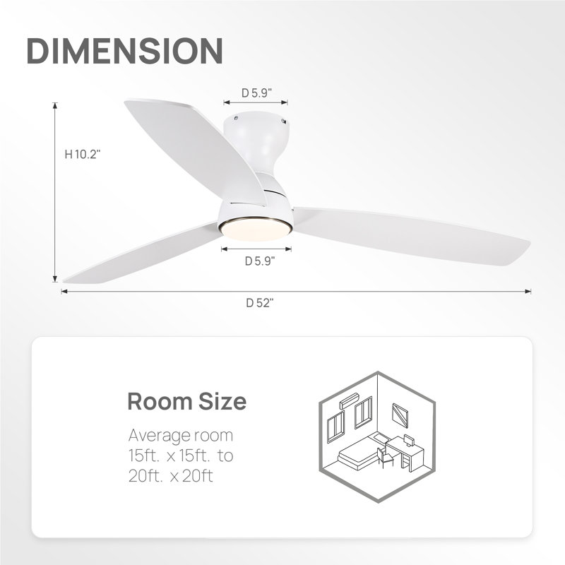 52'' Standard 3 - Blades Ceiling Fan With Light Kit & Remote, White, White, 52"