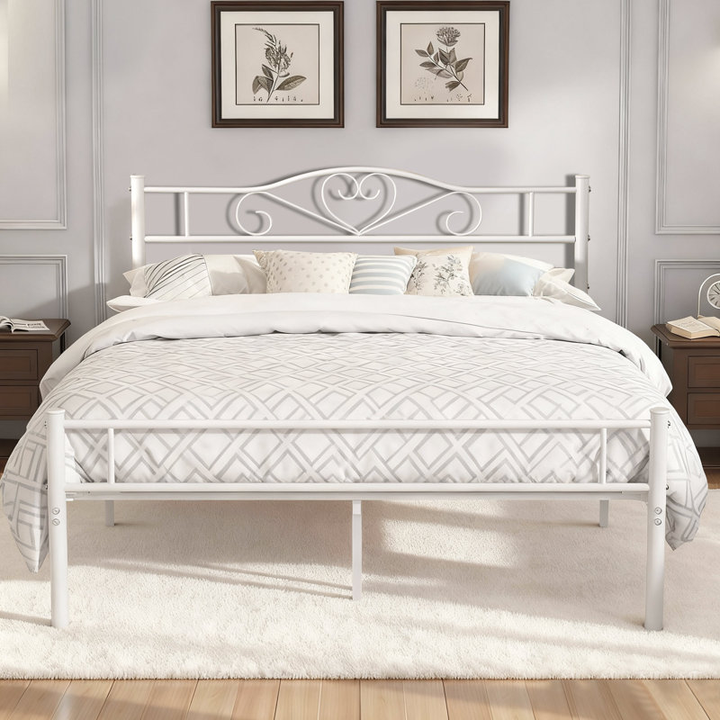 Full Size Metal Bed Frame with Headboard & Footboard, White Modern Farmhouse Platform Bed with with Decorative Victorian Headboard, Mattress Foundation with Heavy Duty Steel Slats Support, No Box Spring Needed, Underbed Storage