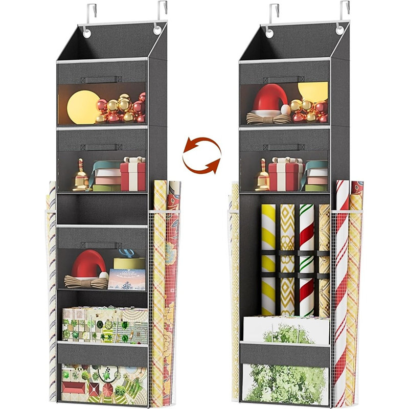 Rangement à suspendre au-dessus de la porte avec 3 tiroirs amovibles et poches latérales - Conception à double usage avec sangles élastiques - Rangement de papier cadeau pour rubans, boucles, ornements et autres outils