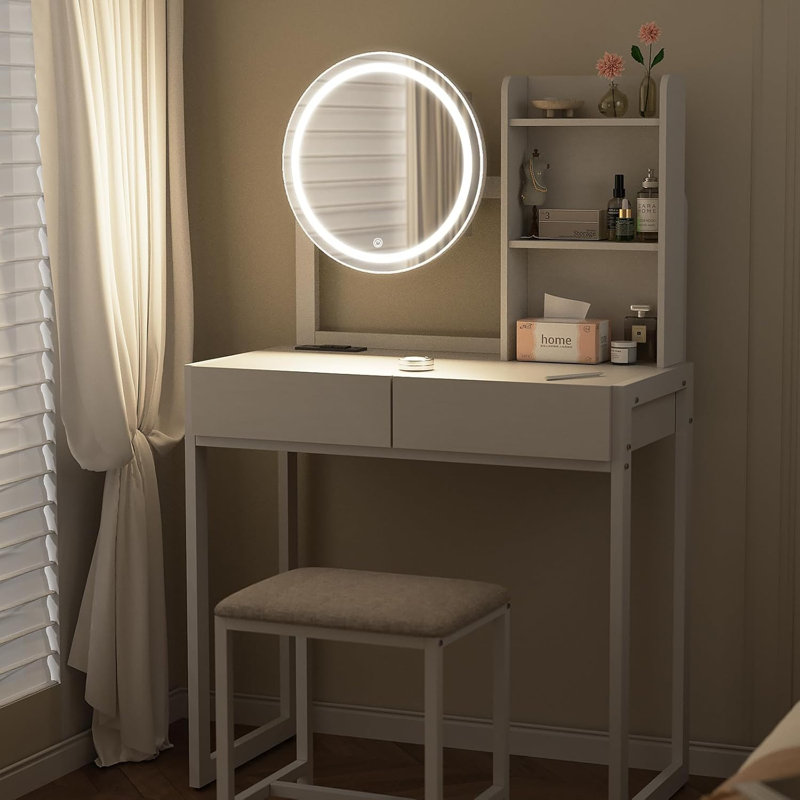 Table de coiffeuse 1 pièce - Bureau de maquillage compact avec miroir DEL et rangement - Bois d'ingénierie avec placage - Blanc