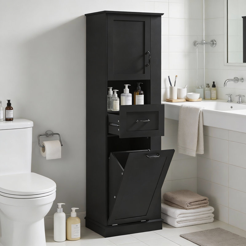 Tall Bathroom Storage Cabinet With Adjustable Shelves And Laundry Hamper, Black