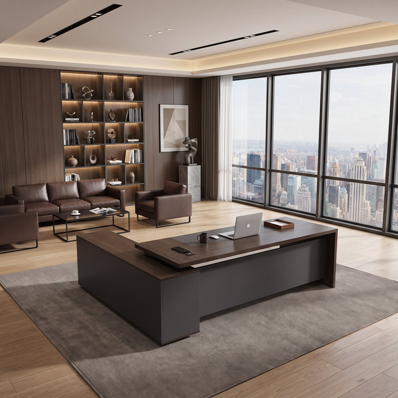Bureau de direction ergonomique de luxe en forme de L avec rangements intégrés et prises électriques intégrées. Bureau de direction en noyer