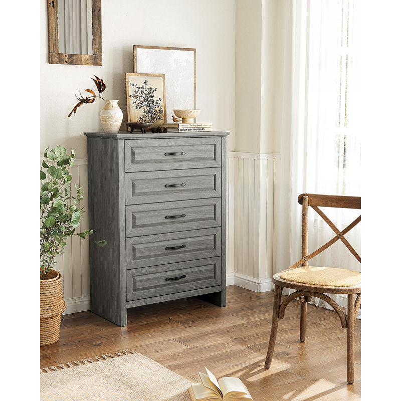 Farmhouse 5 Drawer Dresser with Wide Storage Drawers and Anti-Tip Kit for Bedroom, Living Room, and Hallway, Gray