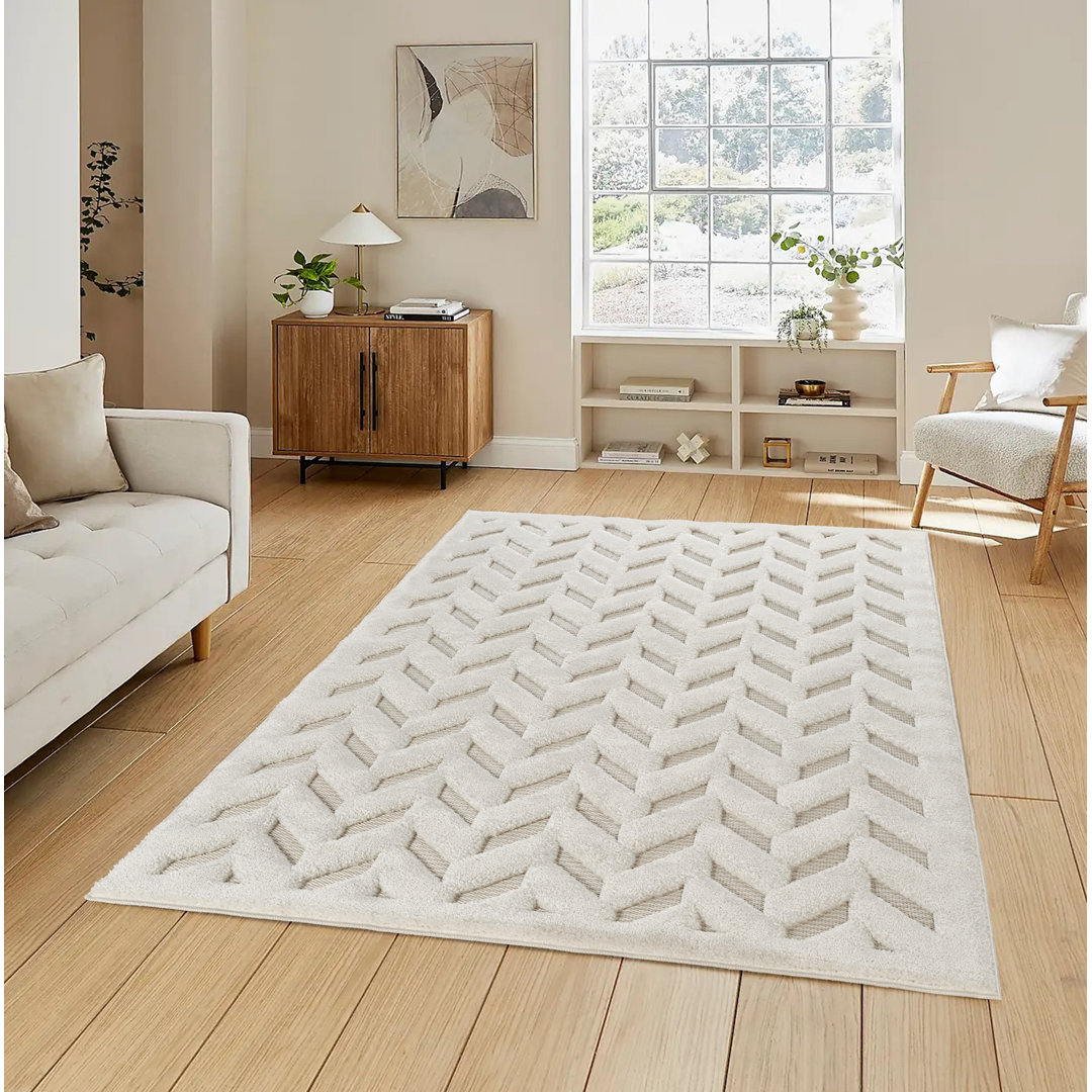 Freya Living Room Area Rug Contemporary 3D Embossed Modern Herringbone Design - Cream