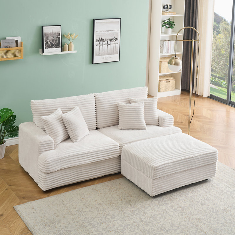 79.3''Modern Corduroy L-Shaped Sectional Sofa with Ottoman, White