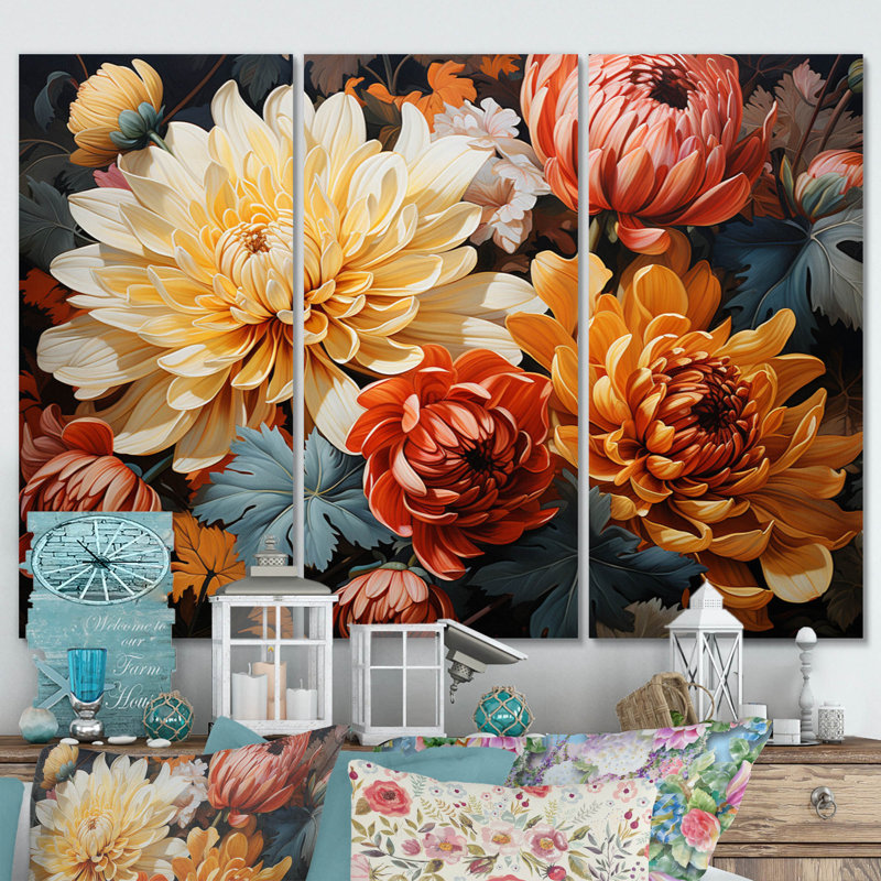Chrysanthemums Autumn Collage II - Floral Metal Wall Decor Set