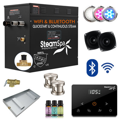 Black Series 12KW Steam Bath Generator With Fully Wireless Remote, BLUETOOTH, WIFI, And Auto Drain In Brushed Nickel
