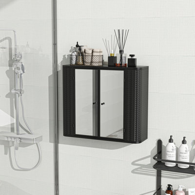 Armoire de salle de bain murale noire avec miroir, 2 portes en miroir et tablette ouverte, armoire de rangement en métal de style campagnard avec compartiment ouvert pour meuble-lavabo, toilette et évier