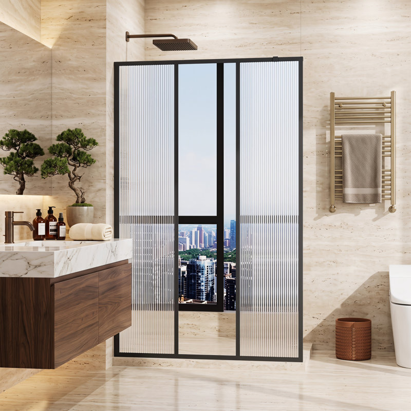 Porte de douche fixe 46 "x 72" noir mat, 3 panneaux 5 mm en verre trempé cannelé avec miroir central et film antidéflagrant