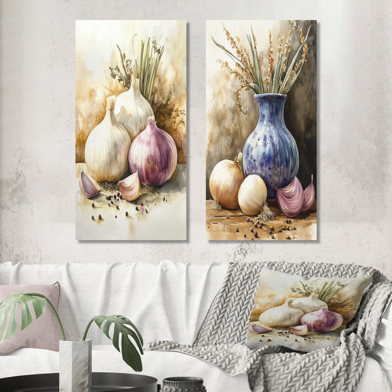 Ensemble de 2 décorations murales pour la cuisine : Ail et Oignon, 40" H x 40" W, Wrapped Canvas