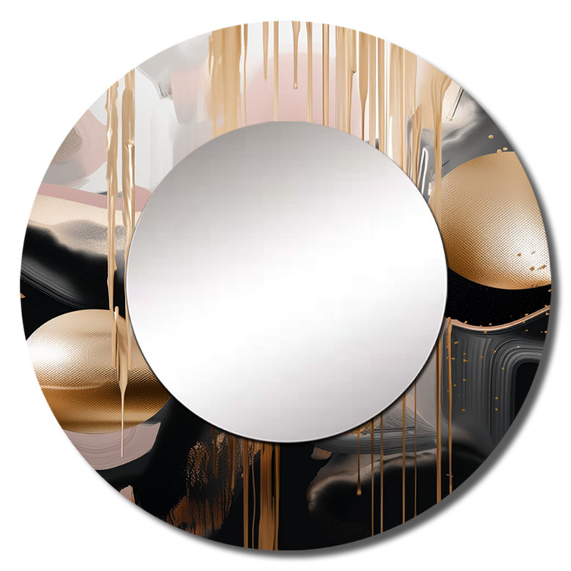 Oriyana or et marbre noir Expression II - miroir mural décoratif en marbre, grand miroir rond doré, impression d'art en métal