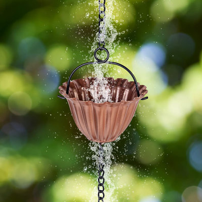 9 ft Rain Chain, Thick Metal Rain Gutter Chain with 12 Gold Flower Cups, Adjustable Rainwater Collection Chain