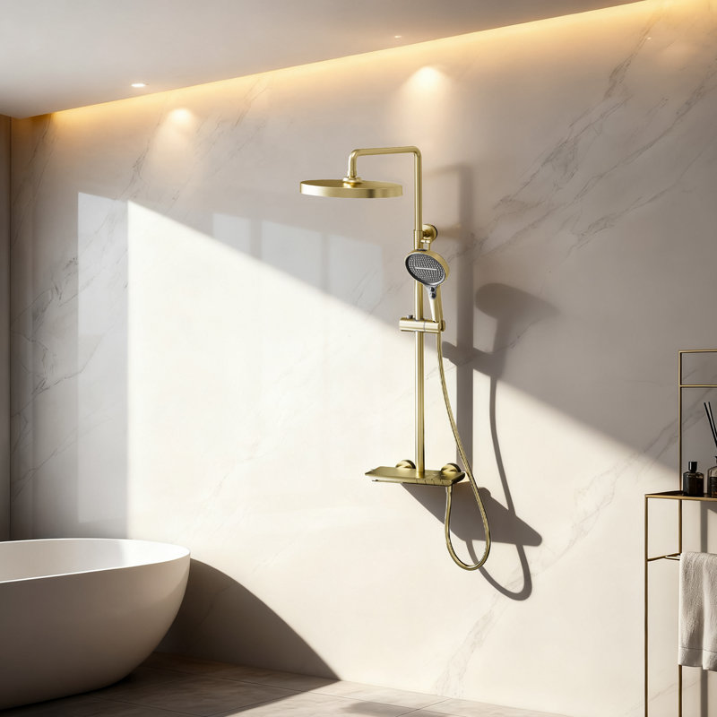 3-Function Push-Button Shower System With 10.8" Rain Shower, Handheld, And Bathtub Waterfall Spout, Brushed Gold