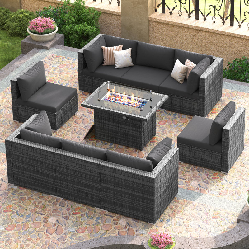 Ensemble de conversation de patio en osier 9 pièces avec table de foyer rectangulaire modulaire, double combustible, 60 000 BTU