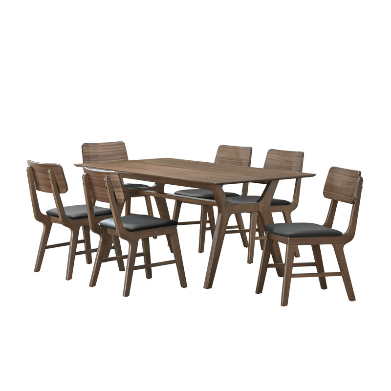 Table de salle à manger rectangulaire en bois Luret avec 6 chaises noires, 7 pièces : table, 6 chaises