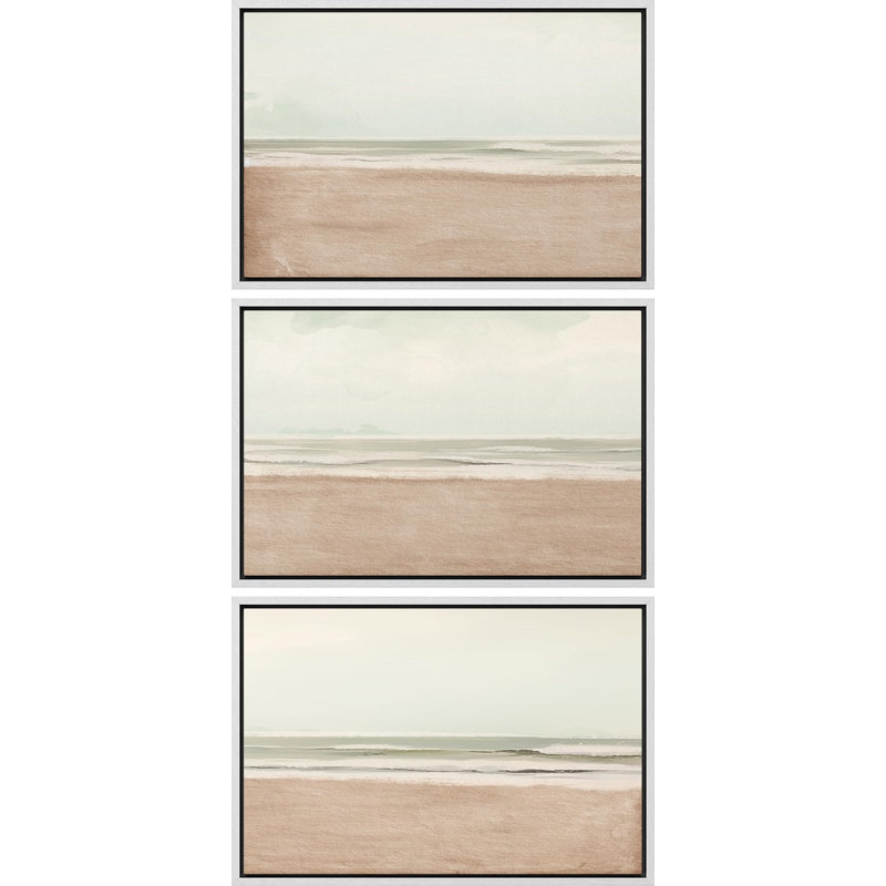 «Serenity Coastal Beach Tranquil Ocean Minimalist Illustration», 3 pièces, H 16 po x l 24 po, Cadre blanc