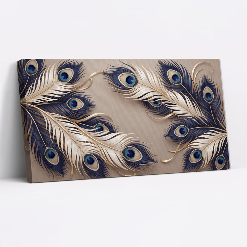 Tableau sur toile à motif de plumes de paon bleu marine et blanches avec détails dorés, L 46 po x H 24 po