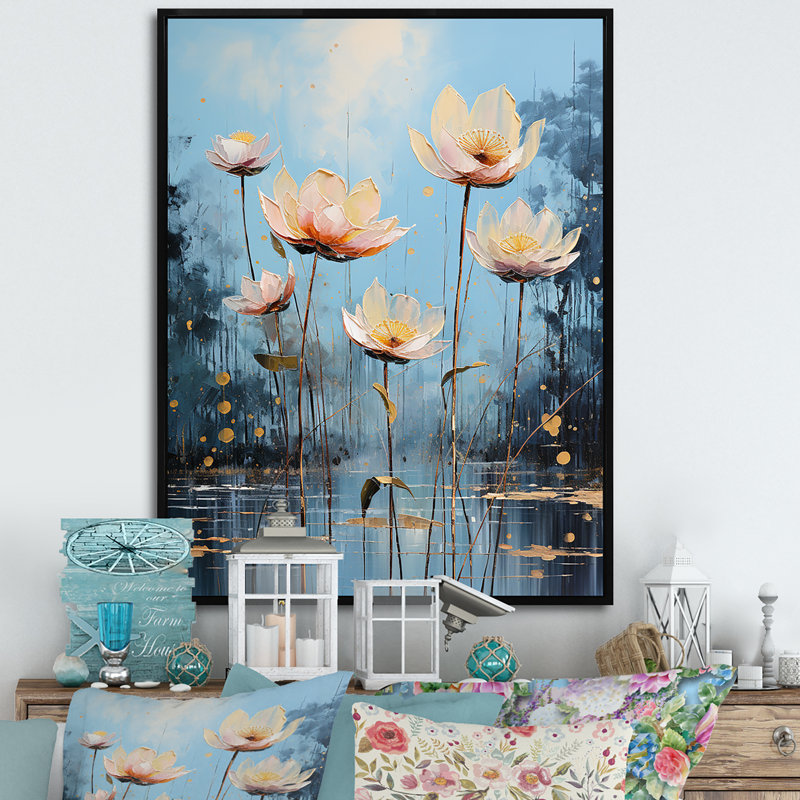 Lotus in Harmony Pond - Imprimé, Cadre flottant noir, H 40 po x l 30 po x P 1,5 po