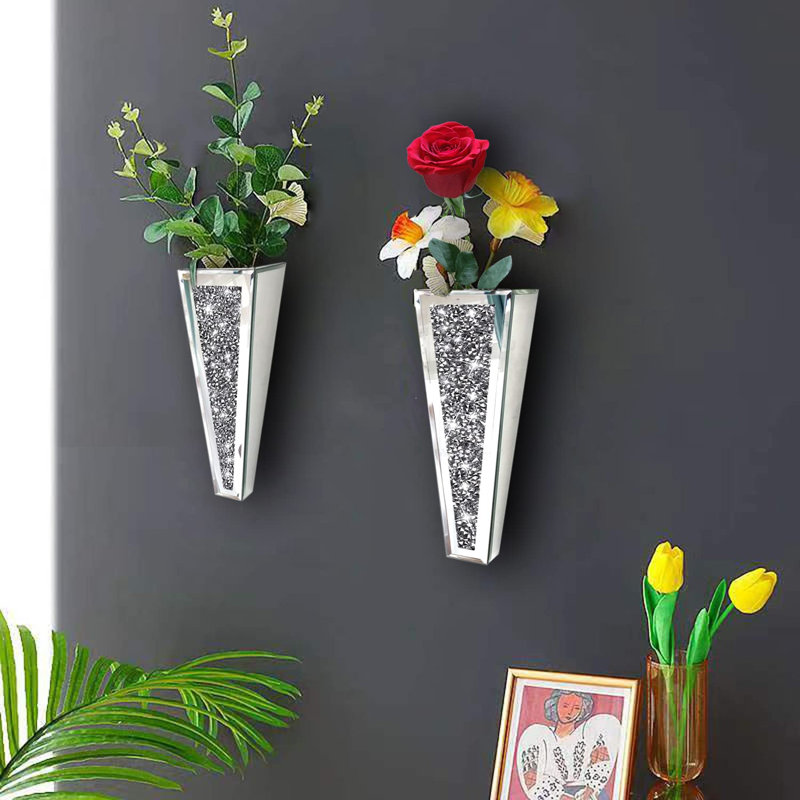 Vase à fleurs en forme de diamant écrasé, pot de fleurs suspendu en miroir et contenant à décor géométrique, vase en argent décoratif à miroir. Peut contenir de l'eau. (Ensemble de 2)