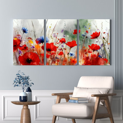 Aquarelle de fleurs de pavot, ensemble de 3 reproductions d'art sur toile tendues