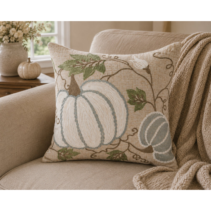  Harvest Pumpkins And Vines Crewel Embroidered Fall Pillow, 14 By 14-Inch