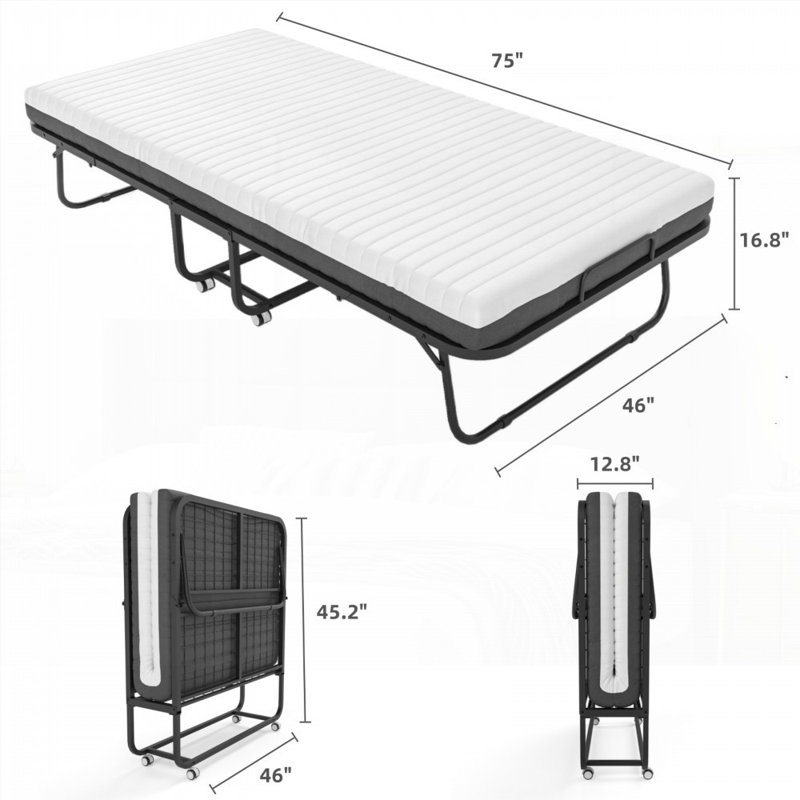 Lit pliant (L 75 po x l 46 po) avec matelas inclus - mousse à mémoire de forme, portable pour les invités - aucun sommier requis, support solide