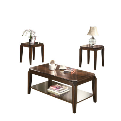 3Pc Coffee & End Table In Warm Walnut Hue, Rectangular Shelf Facility, Square Tables, Enticing Parquet Pattern, Wood Walnut Collection, Addition, Fascinating Tops