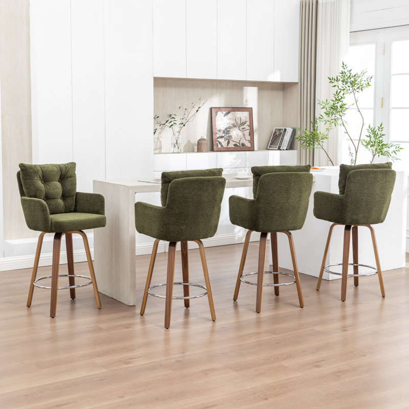 4-Piece Bar Stool Set With Bentwood Legs And Plush Cushions, Green