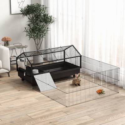 Cochon d'Inde avec aire de jeu pliable - Cage en acier noire spacieuse et confortable pour petits animaux et fontaine