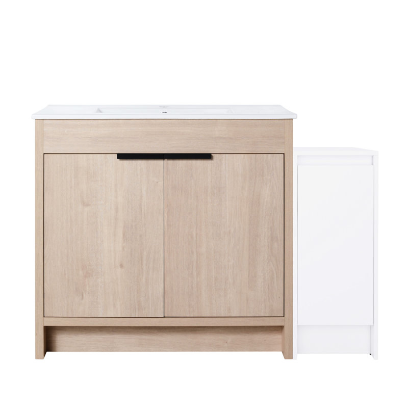Meuble-lavabo autoportant avec lavabo en céramique et armoires de rangement, Blanc brillant / chêne clair clair