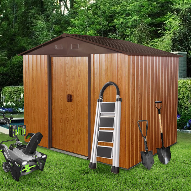 8Ft X 6Ft Outdoor Metal Storage Shed With Metal Foundation,Coffee, Coffee, 74.8" H x 63.78" W x 88.98" D