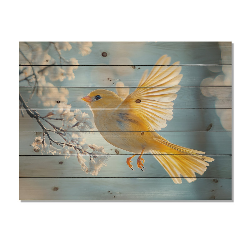 Finch moelleux dans la brise de forêt - Art mural en bois d'oiseau - sur bois de pin naturel, H 30 po x l 40 po x P 0,78 po