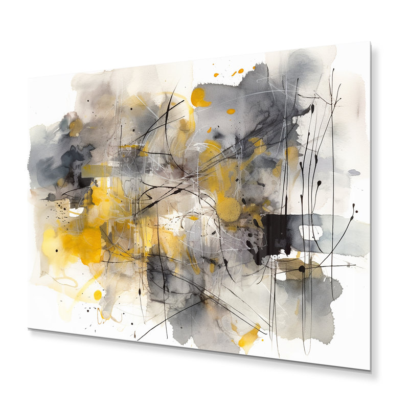 Jaune gris au-delà de la toile II - formes abstraites, art mural en métal, salon, H 30 po x l 40 po