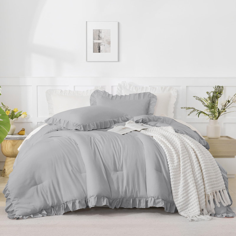 Andency Oversized King Ruffle Comforter Set 120x120, 3 Pieces Silver Gray Lightweight Fluffy Super King Bedding Set, Shabby Chic Famhouse All Season Bed Set for Girls Women