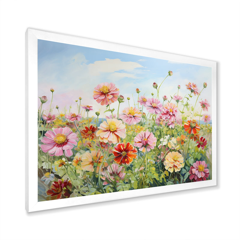 Zinnias Country Charm sur toile, Cadre simple blanc, H 30 po x l 40 po x P 1,5 po