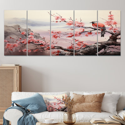 Ensemble de 5 décorations murales roses et bleues sur un arbre en fleurs de cerisier I - oiseau