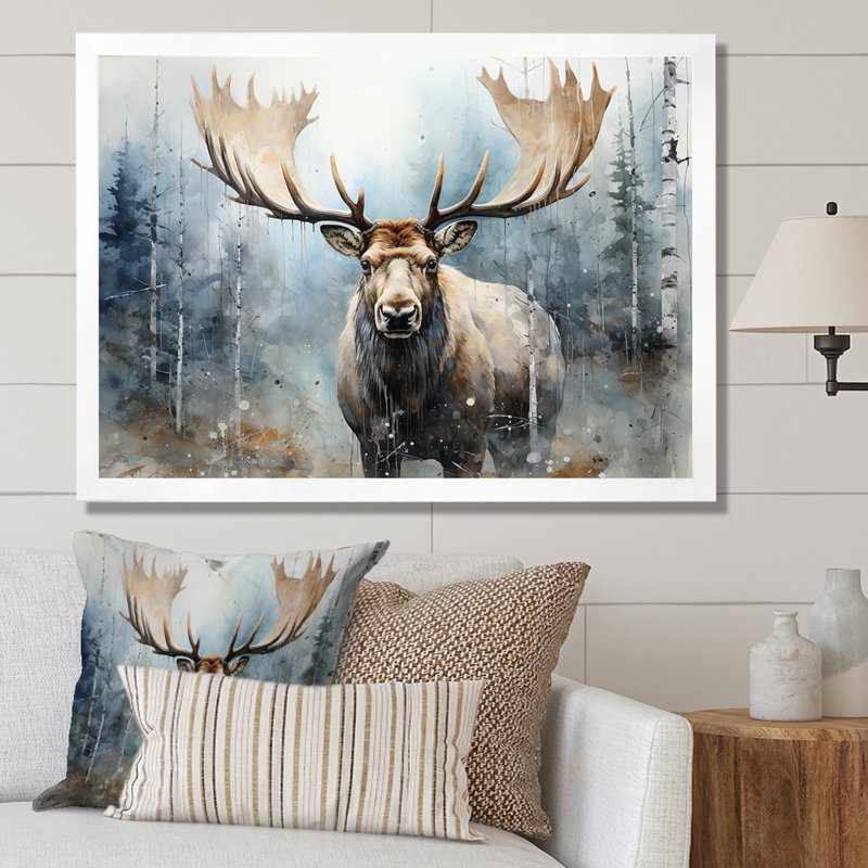Orignal majestueux dans la forêt - orignal, art mural, H 12 po x l 20 po x P 1 po, Cadre simple blanc