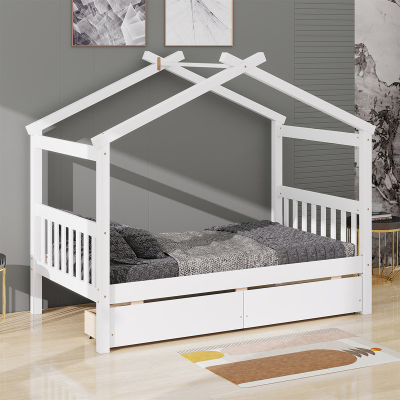 Wooden House Bed With Drawers, White, Twin