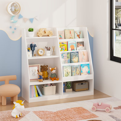Kids Bookshelf Toy Storage Organizer, 2‑Sided Open Children Bookcase with Front‑Facing Book Racks & Multi Cubbies, Toddler Book Toy Storage Cabinet fo