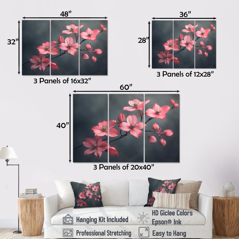 Ensemble de décorations murales cornichon monochrome rose, Toile tendue, H 28 po x l 36 po x P 1 po