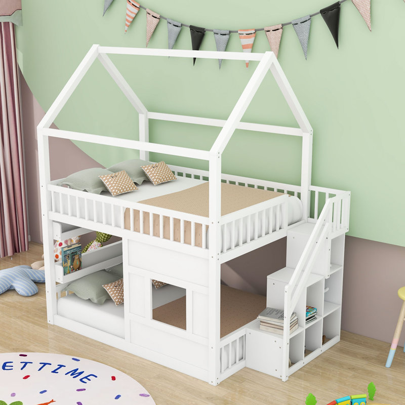 Lit superposé Wood House avec DEL et tablette et garde-corps, Blanc